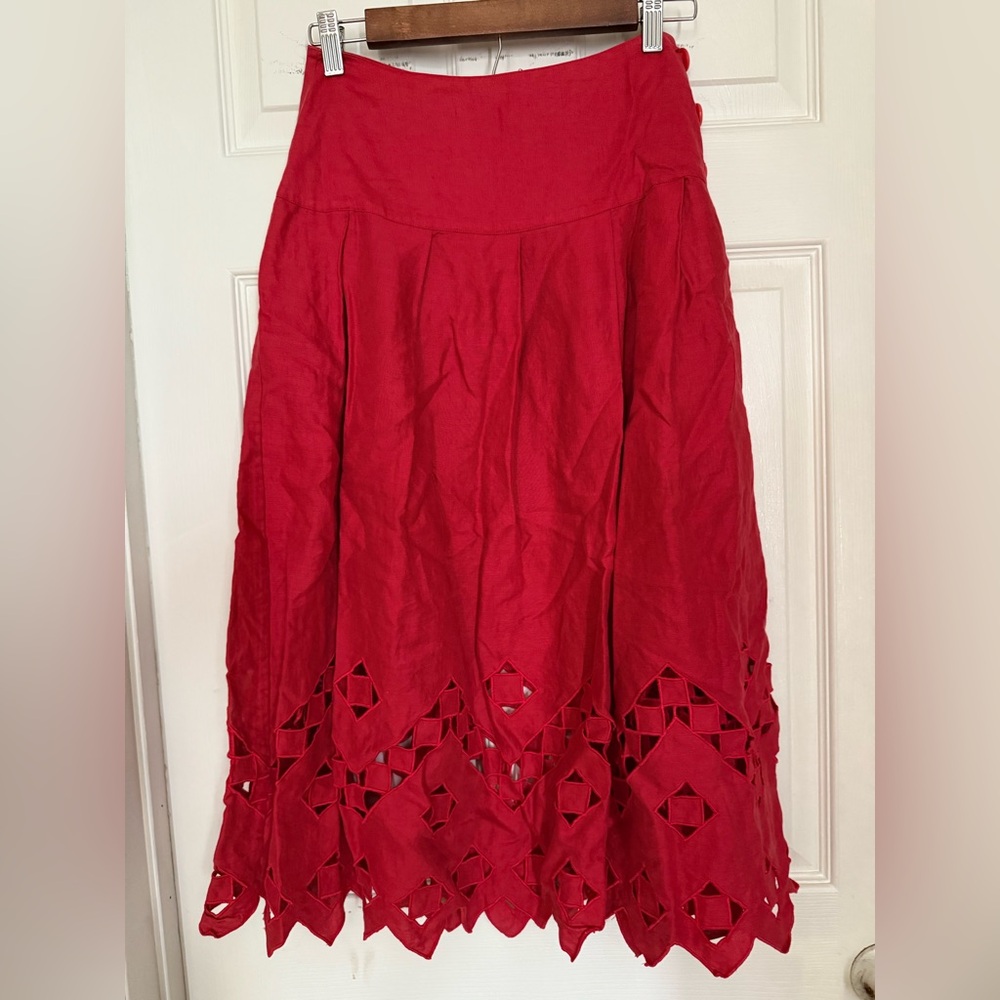 Ellen Tracy vintage Red linen A-Line Midi Skirt with Cut Out Details